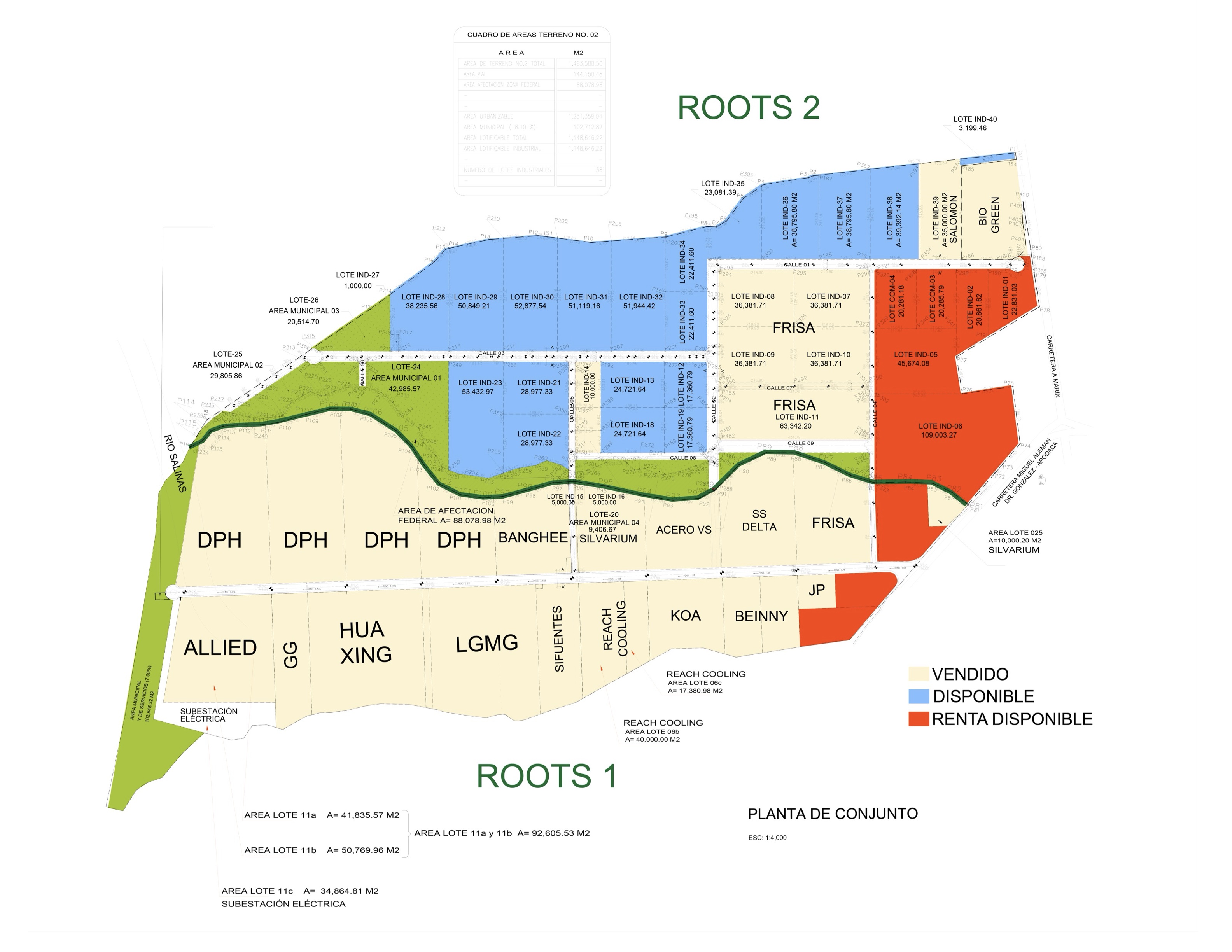 Plano maestro del parque con disponibilidad de lotes